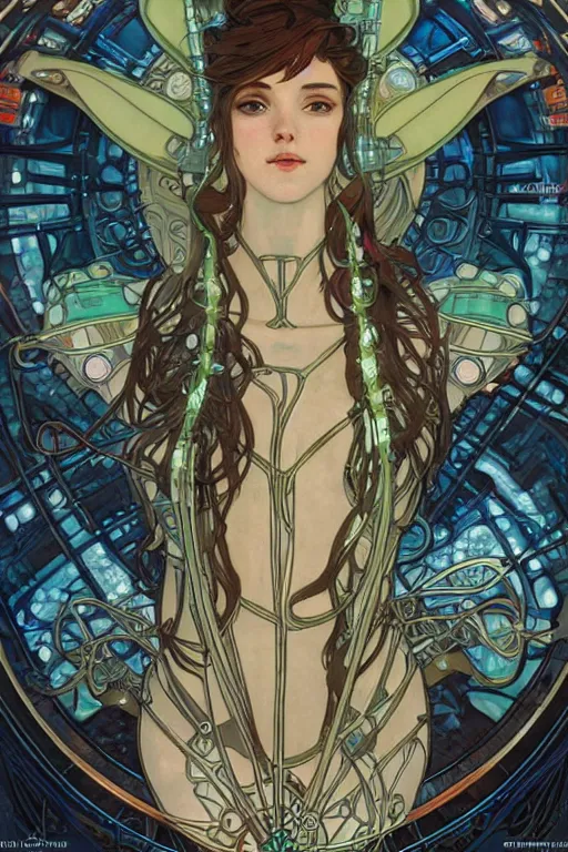 Image similar to realistic detailed portrait of a humanoid mecha cyberpunk! goddess by Alphonse Mucha and Charlie Bowater, rule of thirds, golden ratio, Art Nouveau cyberpunk! style, mechanical accents!, mecha plate armor, glowing LEDs, flowing wires with leaves, rich deep moody colors