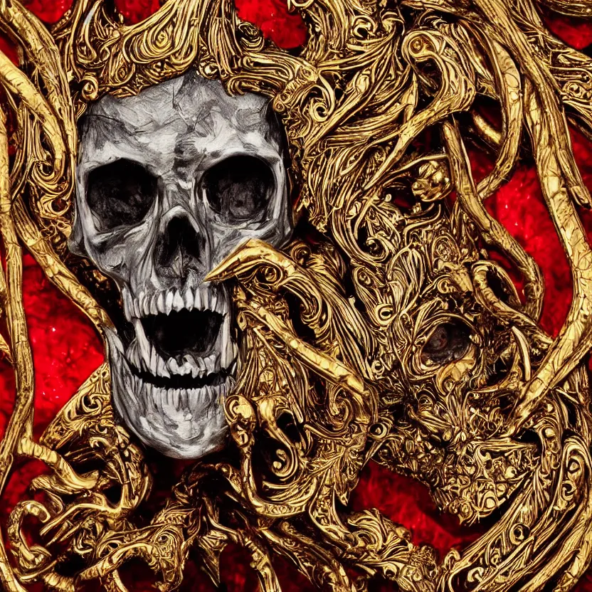 Image similar to photo portrait of skull of wolf, lying on bones, dramatic lighting, circural, golden ornaments, symmetric, intricate skeletal decorations, symmetry, highly detailed, concept art, black, red, white, gold layers, centered, style of nekroxiii, hyperrealistic, dark background, smoke