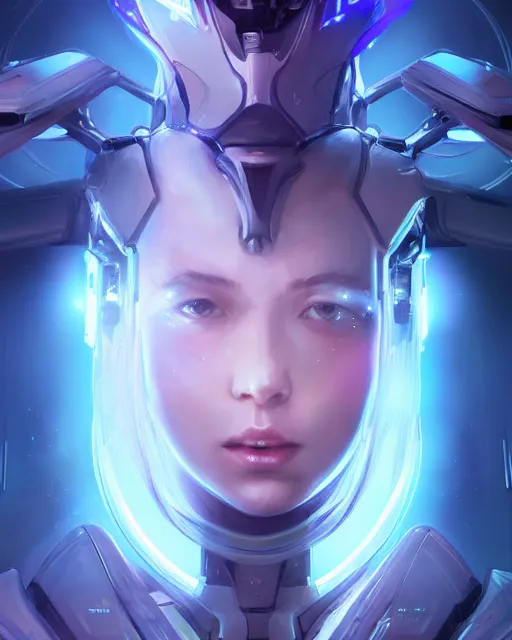 Image similar to perfect android girl on a mothership, warframe armor, beautiful face, scifi, futuristic, galaxy, nebula, raytracing, dreamy, long white hair, blue cyborg eyes, sharp focus, cinematic lighting, highly detailed, artstation, divine, by gauthier leblanc, kazuya takahashi, huifeng huang