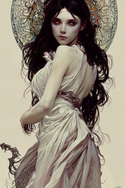 Image similar to beautiful natural coy cottagecore demonic gothic maiden, master drawing, intricate, elegant, highly detailed, digital painting, artstation, concept art, smooth, sharp focus, illustration, art alphonse mucha and james gurney and craig mullins and wlop