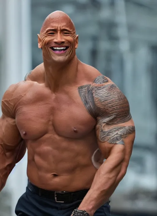 Prompt: a photograph of Dwayne Johnson with an inhumanly wide smile, looking in two directions