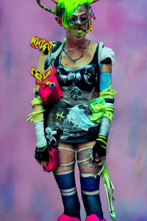 Image similar to a character wearing a diy! costume, punk, with fluo colored details and a transparent a mask, muted colors, vivienne westwood, nausicaa, hyper real painting