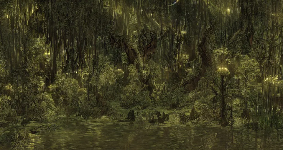 Image similar to A dense and dark enchanted forest with a swamp, from Guild Wars