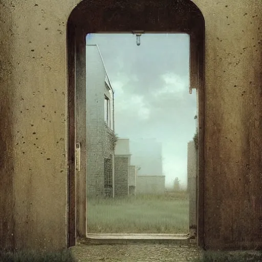 Prompt: hyperrealistic surrealism, david friedrich, award winning masterpiece with incredible details, zhang kechun, a surreal vaporwave painting of door leading to nowhere, mirrors everywhere, highly detailed