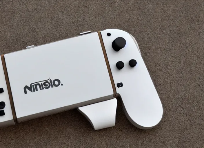 Prompt: retro futurist design of a new handheld console by nintendo, white, aluminium, wood