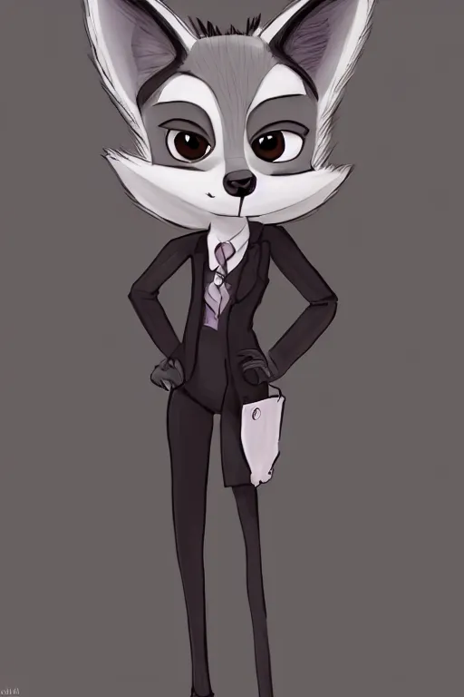 Image similar to drawing of anthromorphic female wolf, in style of cory loftis, female fursona, furry, furaffinity, 4 k, deviantart, furry art, fursona art, wearing black business suit, business suit, in style of zootopia, wolf fursona, cyberpunk, female, very expressive detailed feminine face,