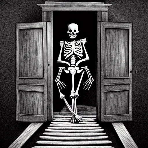 Image similar to storybook illustration of an open wardrobe revealing the entrance to a fantastic world featuring surreal horror skeleton, storybook illustration, monochromatic