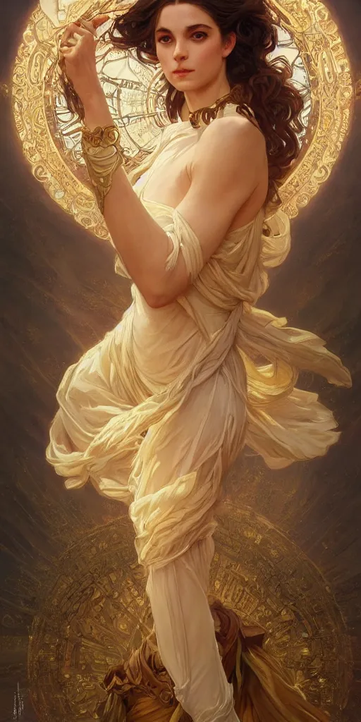 Image similar to portrait of a dream, ethereal, expressive pose, acrobatic, golden eyes, ornate frilly dress, fantasy, intricate, elegant, highly detailed, digital painting, artstation, concept art, smooth, sharp focus, illustration, art by artgerm and greg rutkowski and alphonse mucha