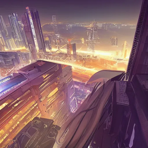 Prompt: looking outside from a penthouse suite at the top of the highest skyscraper in the middle of a cyberpunk city at night, very detailed, flying cars, trending on artstation
