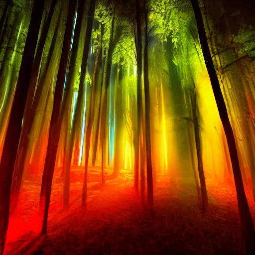 Prompt: dark forest night lights dim red volumetric rendering rave