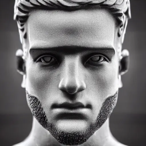 Image similar to “a realistic detailed photo of a guy who is an attractive humanoid who is half robot and half humanoid, who is a male android, baseball player Bryce Harper, shiny skin, posing like a statue, blank stare”