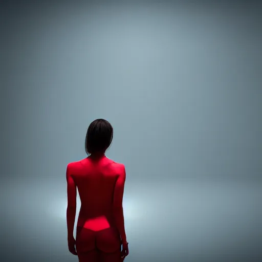 Prompt: noisy color photograph of back woman looks at the space, hyper detailed, 8 k realistic, unreal render, mega detailed, epic, volumetric light, hyperrealistic