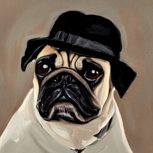 Image similar to a gentleman pug wearing a black jacket and a cap, art station