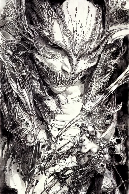 Image similar to vampire cyborg , pen and ink, intricate line drawings, by Yoshitaka Amano, Ruan Jia, Kentaro Miura, Artgerm, watercolor