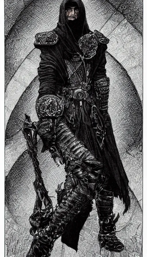 Prompt: a black and white ink fine ink drawing of a thief, from of thrones, in leather armor, fibonacci, sweat drops, intricate fashion clothing, concept art, smooth, sharp focus, portrait, illustration, art by alphonse mucha and travis charest