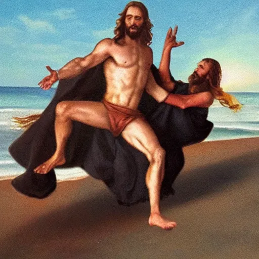 Prompt: Jesus giving satan a piggy pack ride on the beach