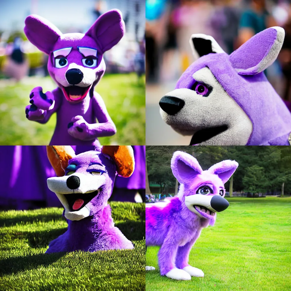 Prompt: Bust photograph of a fursuit at a furry convention of a purple anthro dog with antennas, DOF