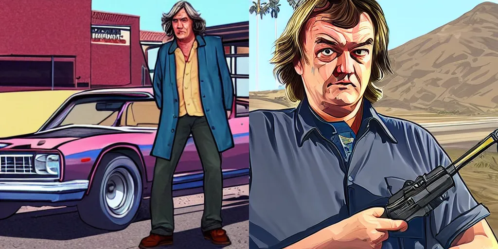 Prompt: James May in GTA V, illustrated by Stephen Bliss.