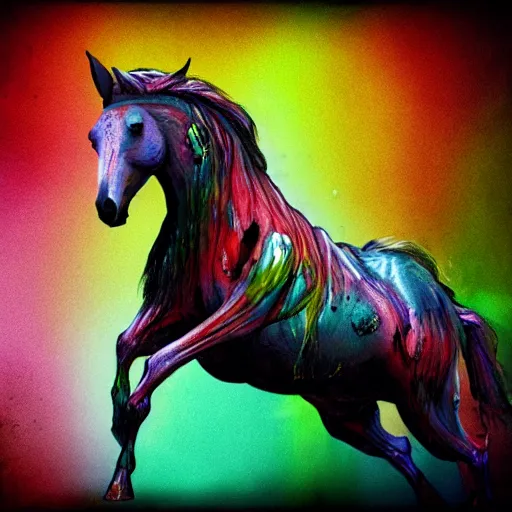 Image similar to wispy ink horror, neochrome colors, zombie horse, realistic render, photo pic by matte painting