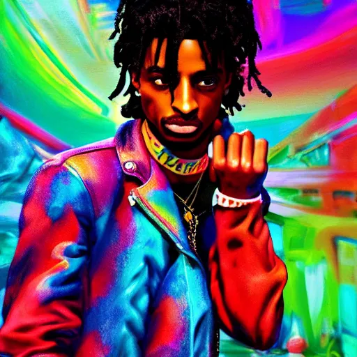 Prompt: playboi carti, photorealistic, hyper realistic, very detailed, detailed face, full body shot, 8 k, hd, neon colors, over saturated colors, wok, cluttered background with hype things, rainbows,