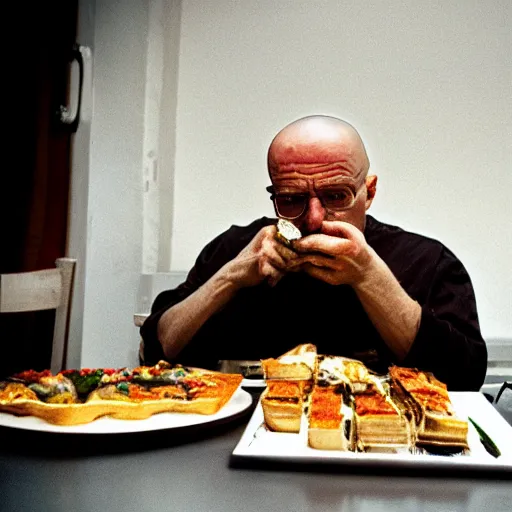 Prompt: walter white eating bruscetta, photography,