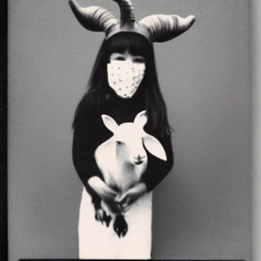 Image similar to polaroid of a girl with a goat mask,