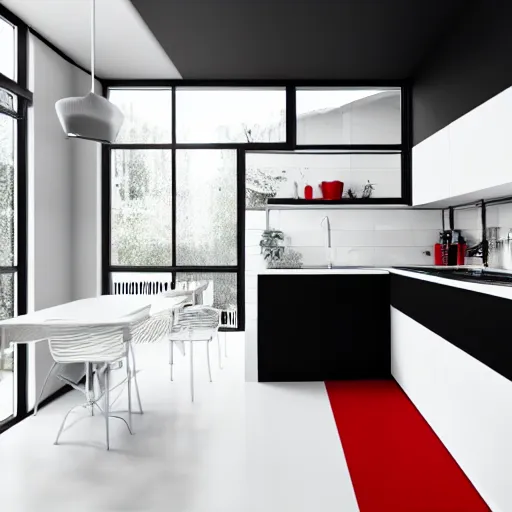 Image similar to photo of black, matte kitchen fronts surfaces and furniture, red walls at the back, white floor tiles on the ground, architecture, concept art