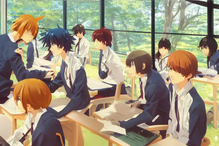 boy's love anime high school classroom scene spring, Stable Diffusion