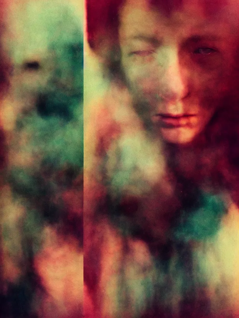 Prompt: a surimposition of human faces portraits, color negative, ethereal, grain, analog