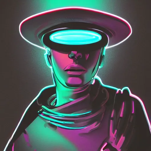 Image similar to a black shiny synthwave android with a visor, a sweatshirt and a cool hat, digital art, cyberpunk, vivid, technological