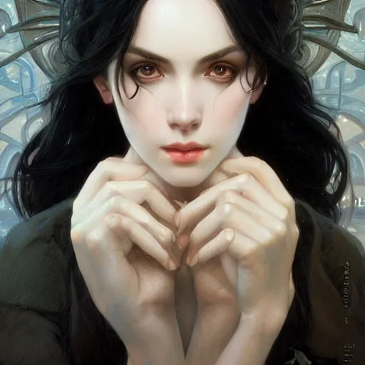 Prompt: a black haired woman with pale skin and dark eyes, intricate, elegant, highly detailed, digital painting, artstation, concept art, smooth, sharp focus, illustration, art by artgerm and greg rutkowski and alphonse mucha
