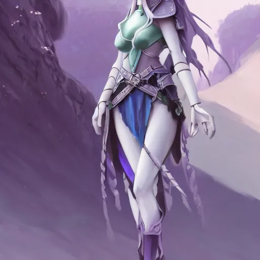 Prompt: an elf girl with pale grey skin with blues and long purple hair, wearing armor, highly detailed, digital painting, artstation, matte, by makoto shinkai, animation style