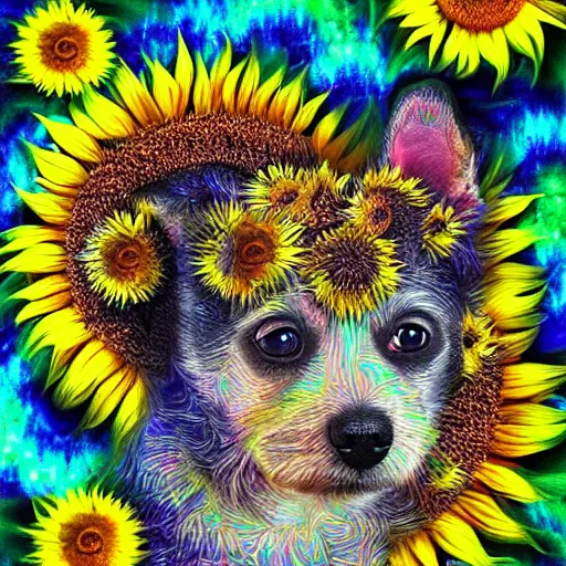 Image similar to cute little doggie puppy made completely out of sunflowers 8 k psychedelic deepdream