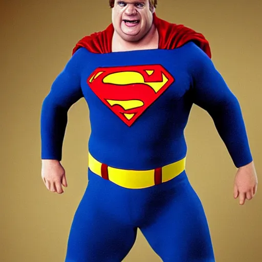 Image similar to an photo of chris farley, dressed like superman, ultra realistic, 8 k