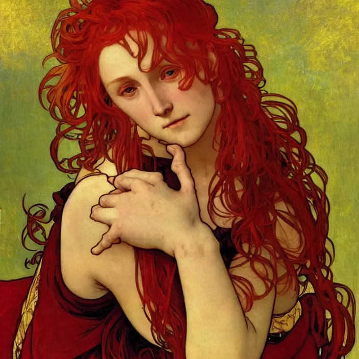 Image similar to A portrait of one-piece character red-haired Shanks, full-length, oil painting in a renaissance style , very detailed, gold background, painted by Alphonse Mucha.