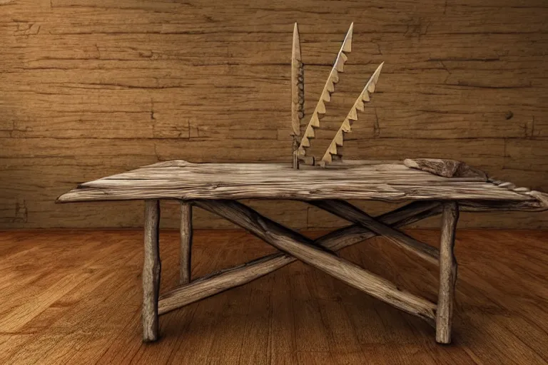 Image similar to a rustic rectangle wooden table with spikes sticking out of it. artstation highquality 4k