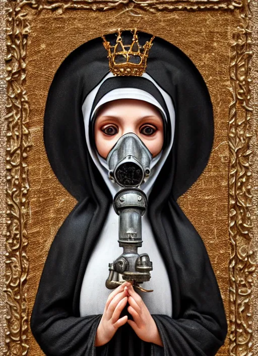 Image similar to highly detailed closeup portrait of a goth medieval nun wearing a crown and a gas mask sitting on a throne, nicoletta ceccoli, mark ryden, lostfish, global illumination, god rays, detailed and intricate environment