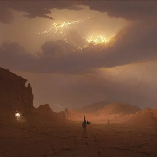 Image similar to an oil painting of a dry and cracked desert on an alien planet with a thick atmosphere and electrical storm above by carl spitzweg and greg rutkowski