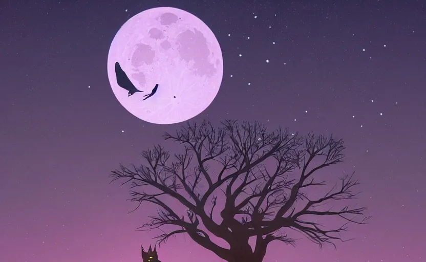 Prompt: owl in tree with moon staring down and the sky is purple, low level, rendered by beeple, makoto shinkai, syd meade, simon stalenhag, synthwave style, digital art, unreal engine, wlop, trending on artstation, 4 k uhd image, octane render,