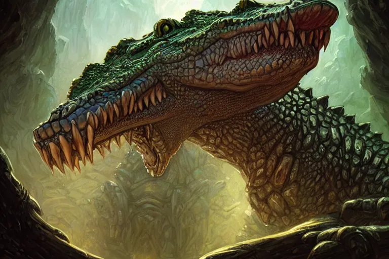 Image similar to crocodile lair, deep focus, d & d, fantasy, intricate, elegant, highly detailed, digital painting, artstation, concept art, matte, sharp focus, illustration, hearthstone, art by artgerm and donato giancola and james gurney