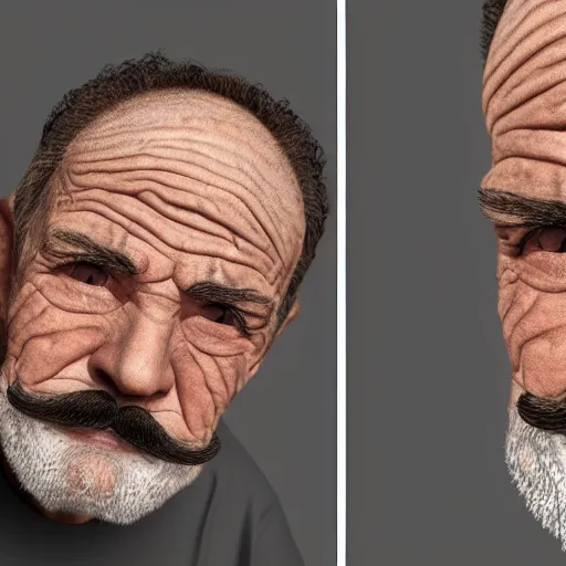 Image similar to a 4 year old boy with old wrinkly skin, wrinkly forehead, looking old, facial hair, natural beard, natural mustache, old skin, lots of wrinkles, age marks, old gray hair, very old, young kid, 4 years old, very young, portrait photo, head shot, concept art, highly detailed