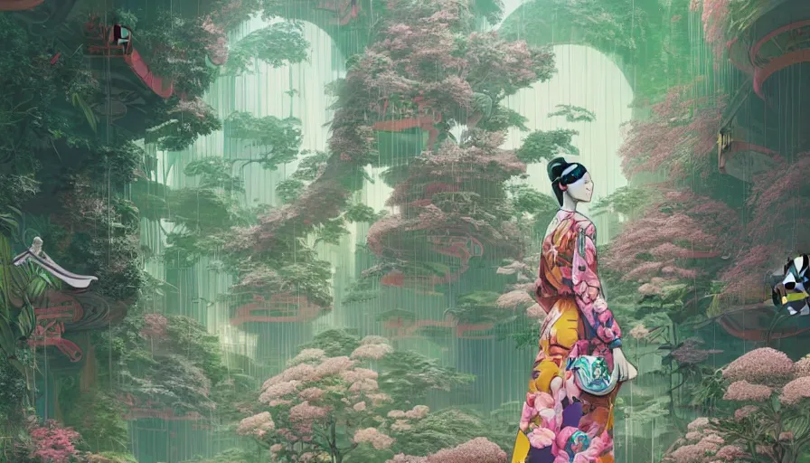 Image similar to a digital painting of a woman wearing gucci exploring a magical japanese temple, lush plants and flowers, eco - cyberpunk art by james jean, cgsociety, retrofuturism, anime aesthetic, chromatic, iridescent, uhd