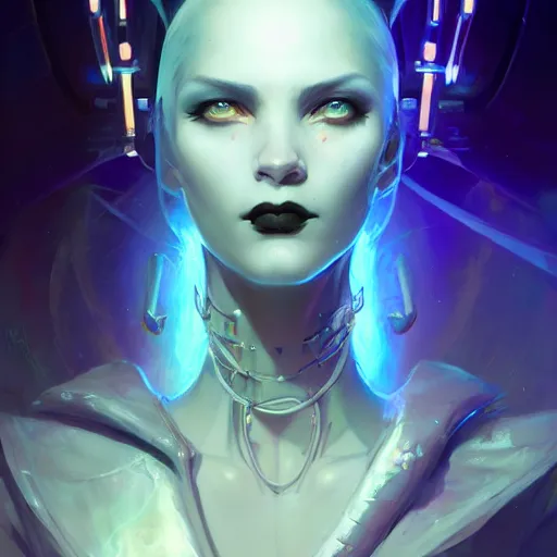 Prompt: portrait of a beautiful goth cybernetic emanation, cyberpunk concept art by pete mohrbacher and wlop and artgerm , digital art, highly detailed, intricate, sci-fi, sharp focus, Trending on Artstation HQ, deviantart, volumetric lighting, unreal engine 5, 4K UHD image