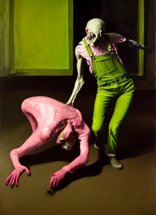 Image similar to an expressive skinny artist wearing overalls physically fighting with a ghost, inside a grand studio, depth of field, hauntingly surreal, highly detailed oil painting, by francis bacon, edward hopper, adrian ghenie, glenn brown, soft light 4 k, green and pink colour palette, cinematic composition, cinematic lighting, high quality octane render, masterpiece