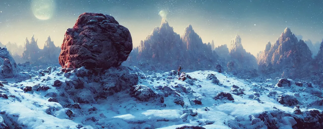 Image similar to ” outer planet with snow topped rock archs mountains, [ art by paul lehr, cinematic, detailed, epic, widescreen, opening, establishing, mattepainting, photorealistic, realistic textures, octane render ] ”