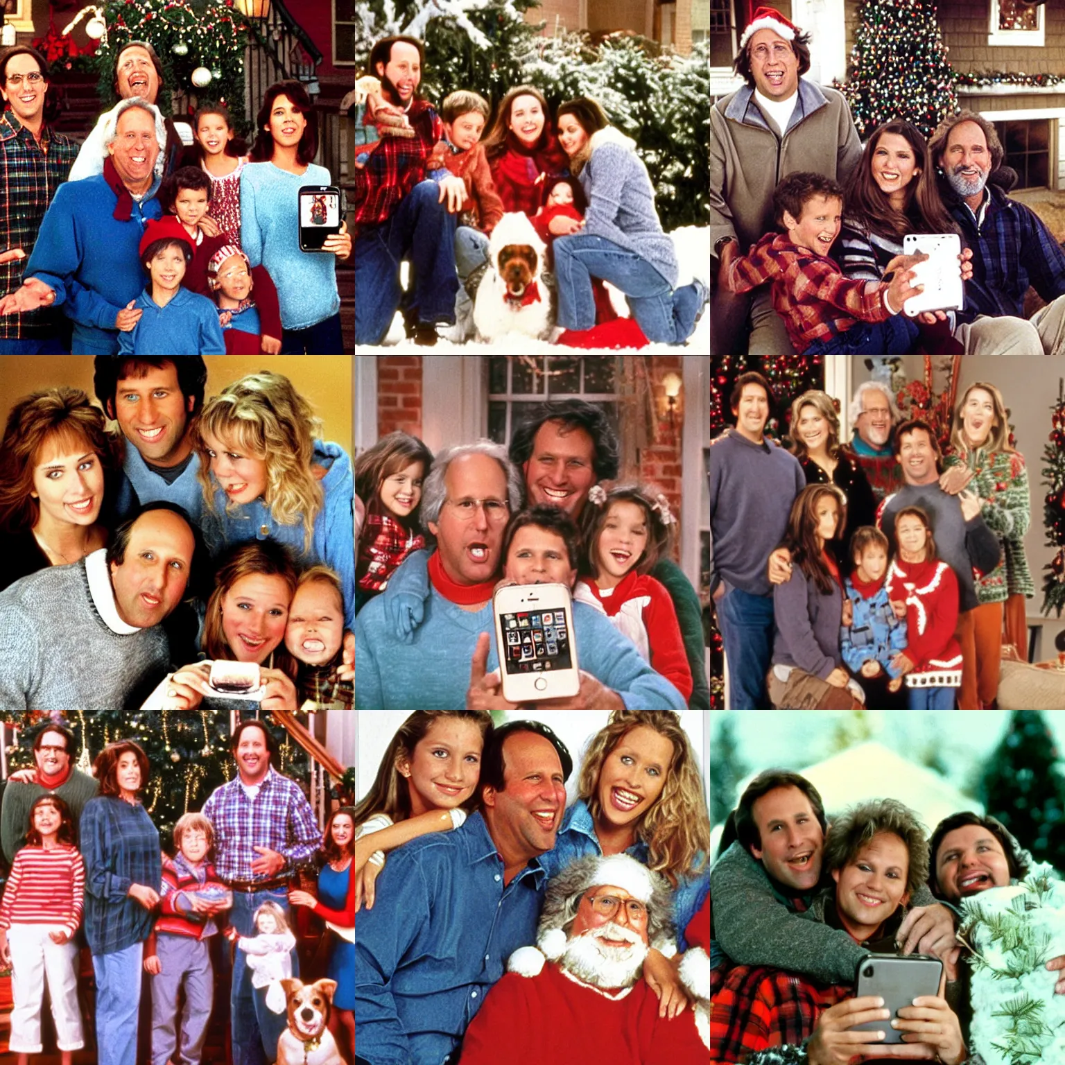 Prompt: chevy chase taking an iphone family picture, still from national lampoon christmas vacation