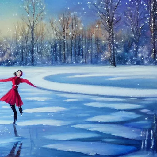 Prompt: ice skater dancing on forest pond in winter landscape detailed 4k magical realism painting