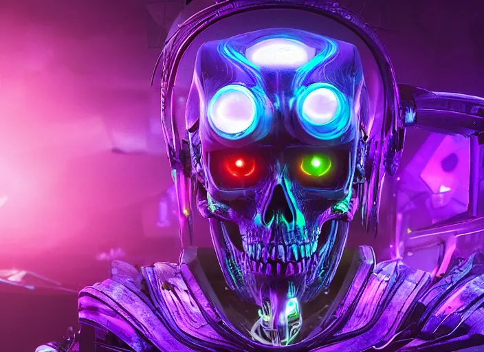 Prompt: a futuristic skull with glowing eyes and a purple background, cyberpunk art by android jones, behance contest winner, computer art, darksynth, synthwave, rendered in cinema 4 d