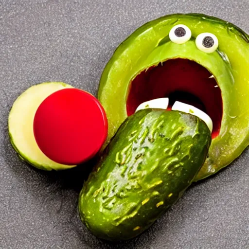 Prompt: photograph of a pickle with a screaming face