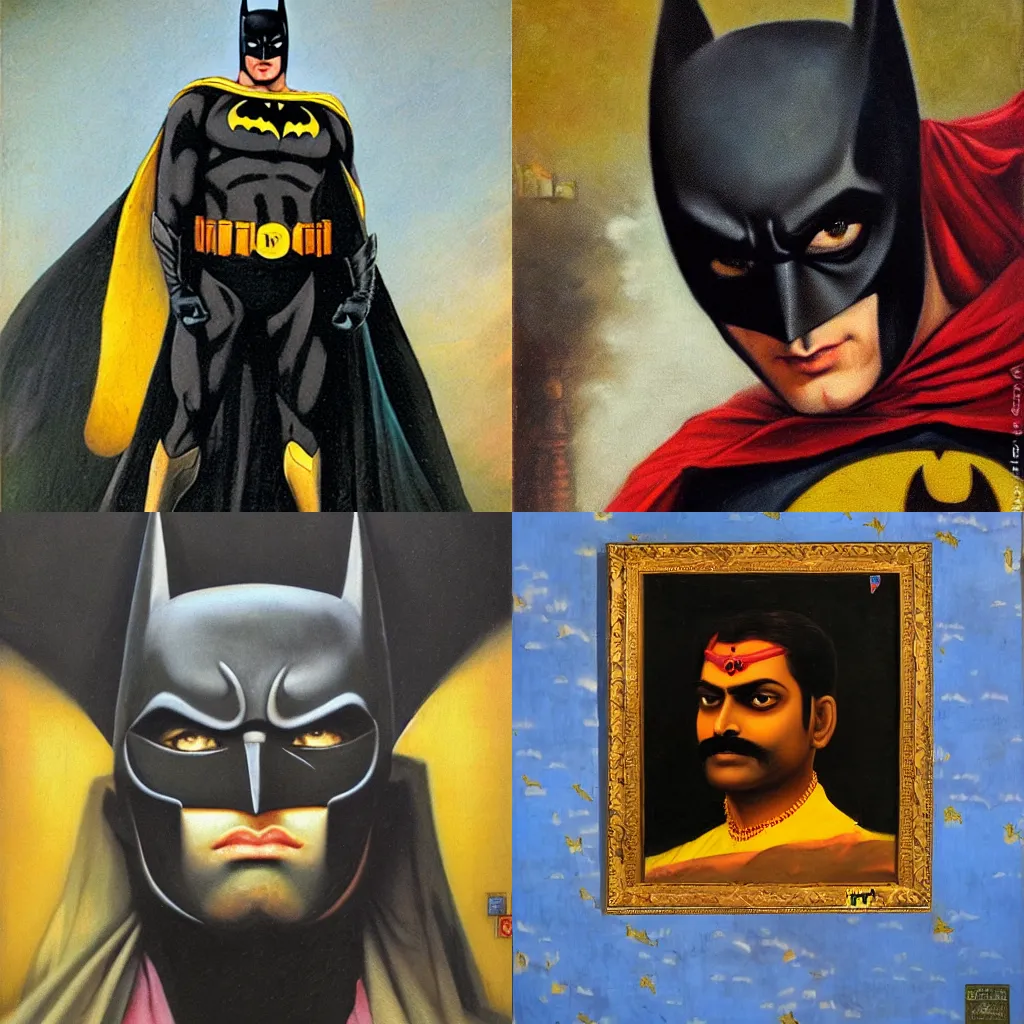 Prompt: Batman by Raja Ravi Varma, oil on canvas,